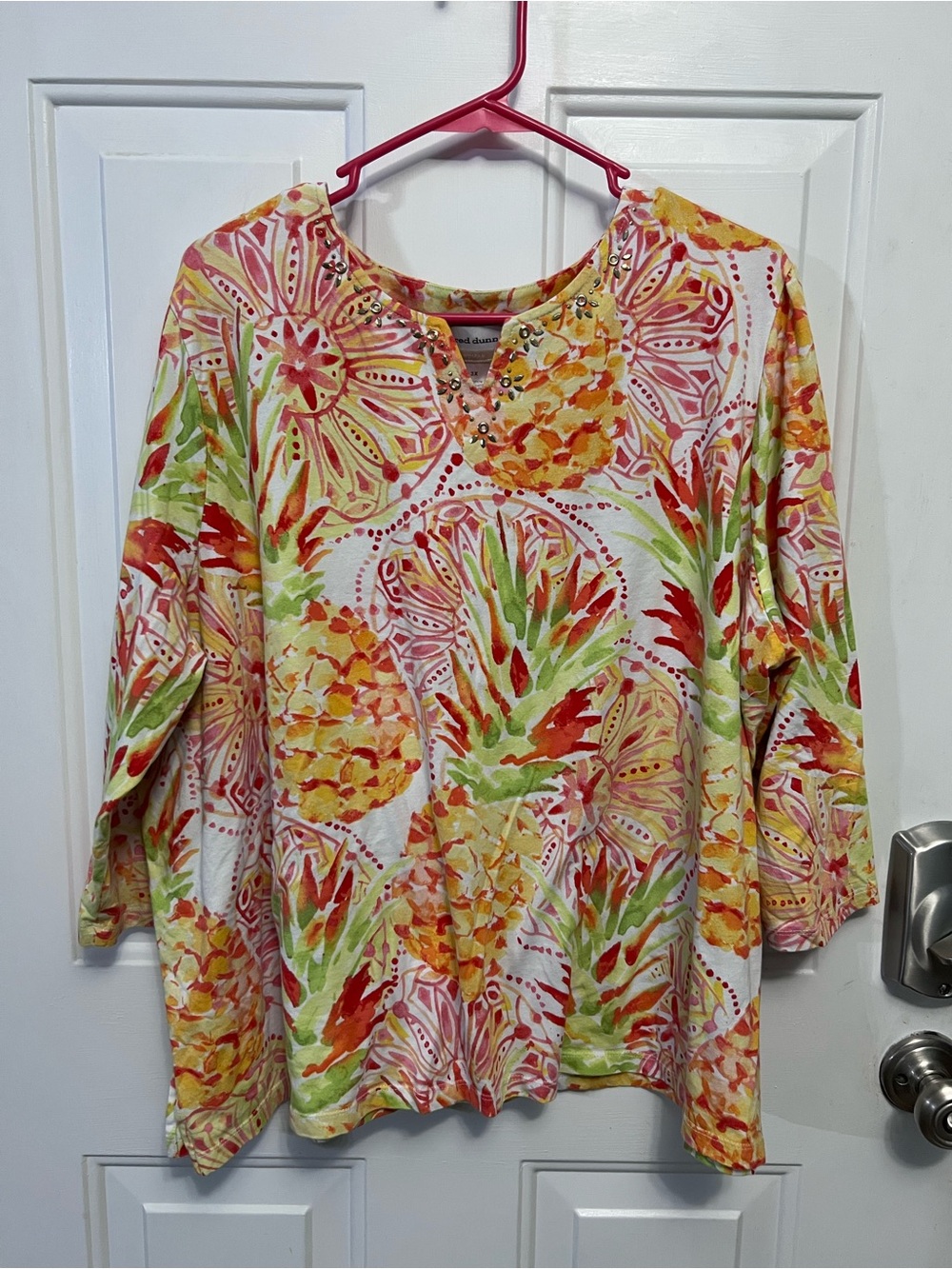 Alfred Dunner Women’s 3X Floral Top Embellished V Neck 3/4 Sleeve Cotton Stretch